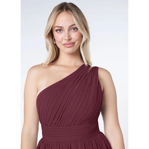 Azazie Molly One Shoulder Pleated in Cabernet Pockets A-Line Chiffon Sz (US10) - Picture 4 of 8